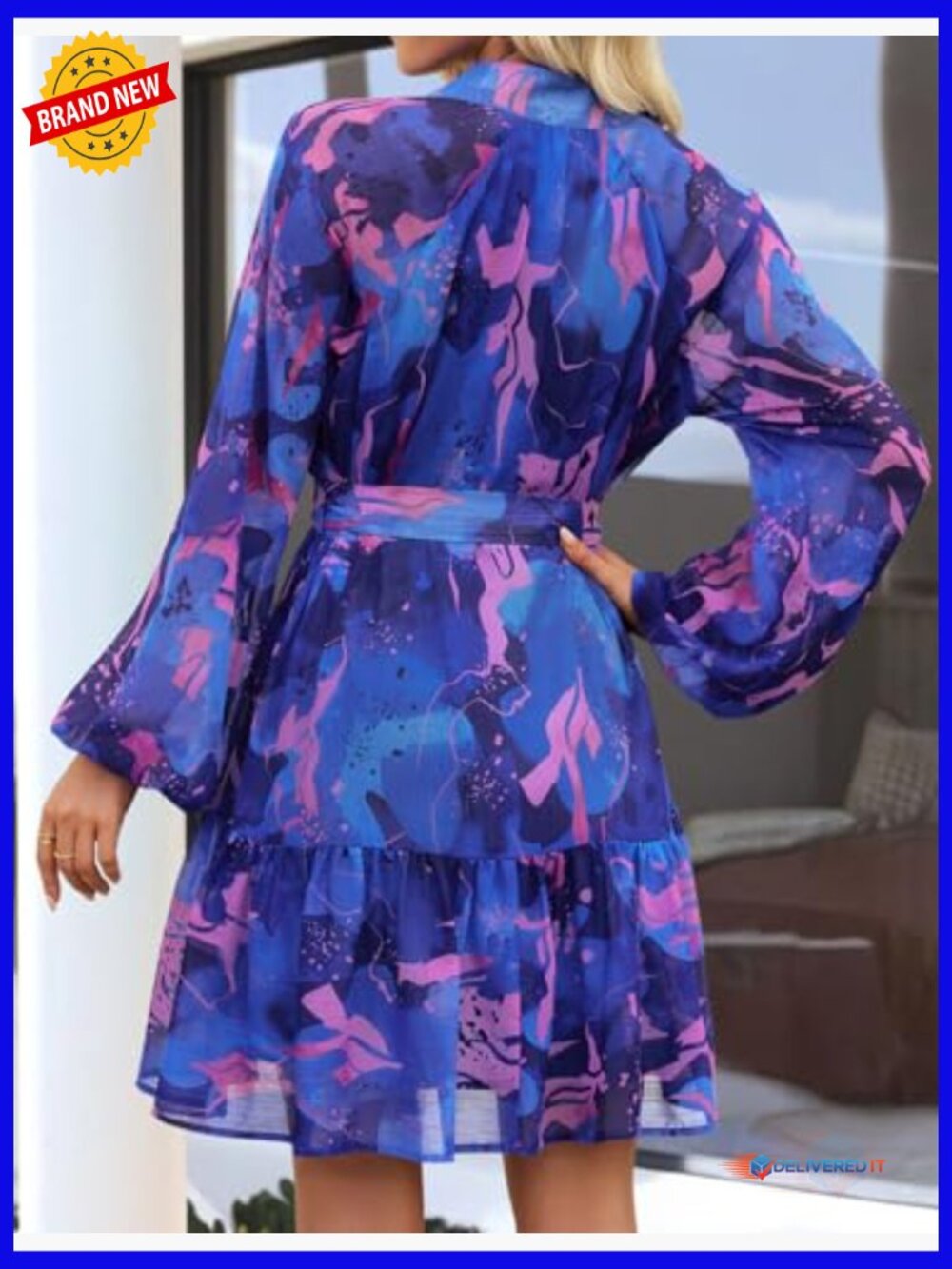 Floral Chiffon Mini Dress Long Sleeve Button A-Line Swing Party Dress - Picture 5 of 7
